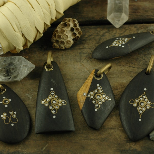 Ebony Inlay / Wood & Aluminum Pendant, Senegal, W. Africa /Dark, Lightweight, Tribal Fashion / African Jewelry Making Supplies / 1 Pendant