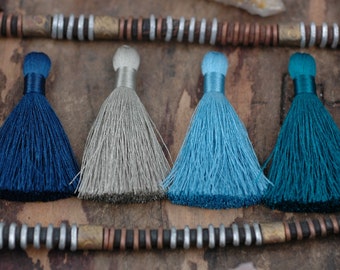 Tranquil Waters : Mixed Color Tassel Pack , 2" Inch Silky Tassels, Teal, Periwinkle, Reflecting Pond, Gray, Jewelry Making Supply,  4 Pieces