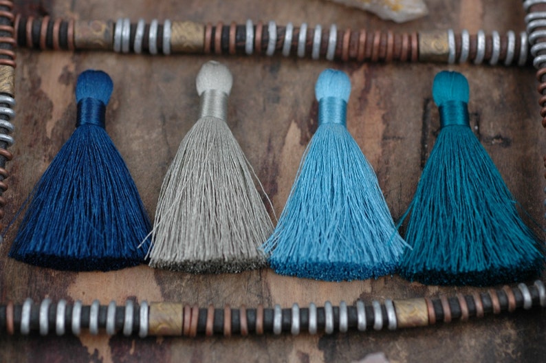 Tranquil Waters : Mixed Color Tassel Pack , 2 Inch Silky Tassels, Teal, Periwinkle, Reflecting Pond, Gray, Jewelry Making Supply, 4 Pieces image 1