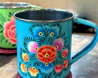 Floral Handpainted Stainless Steel Enamel Mug from Kashmir. Housewarming, Hostess Gift, Coquette Drinkware