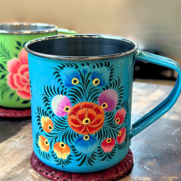 Floral Handpainted Stainless Steel Enamel Mug from Kashmir. Housewarming, Hostess Gift, Coquette Drinkware