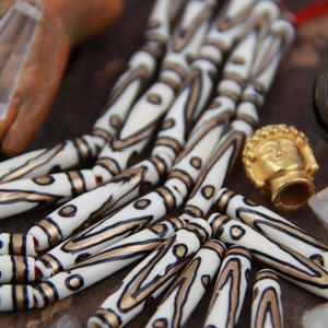 White Black Gold Tribal Tube : 1.5 Inch, 6 Hand Painted Bone Beads, Large Hole, Barrel Spacers, 5x38mm, DIY Jewelry Making, Craft Supplies