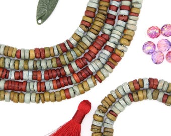 7x3mm Burgundy, Faded Denim Blue, Green, Heishi Spacers, 75+ beads, DIY Beaded Jewelry, Macrame Beads