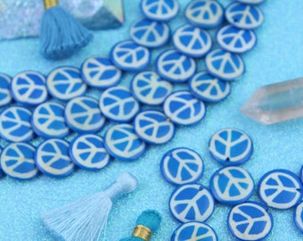 Peace Sign Beads: Blue & White Painted Cascading Coin Bone Spacers, 18x4mm, Bohemian Yoga Mala Making, Bright Kids Jewelry Supplies, 15 pcs