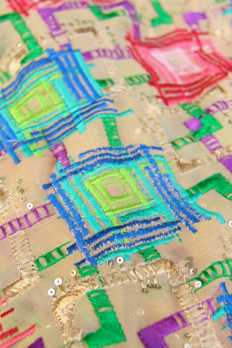 44 x1 yard India Textile Colorful Wall Hanging Sewing Supply Boho Home Decor Decadent Diamonds Embroidered Silk Fabric from Rajasthan