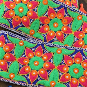 Bright Floral Embroidered Silk Trim, Neon Starflower, 4.5" wide, Fabric by the Yard, Indian Sari Border, DIY Bow, Wreath Making, Sewing