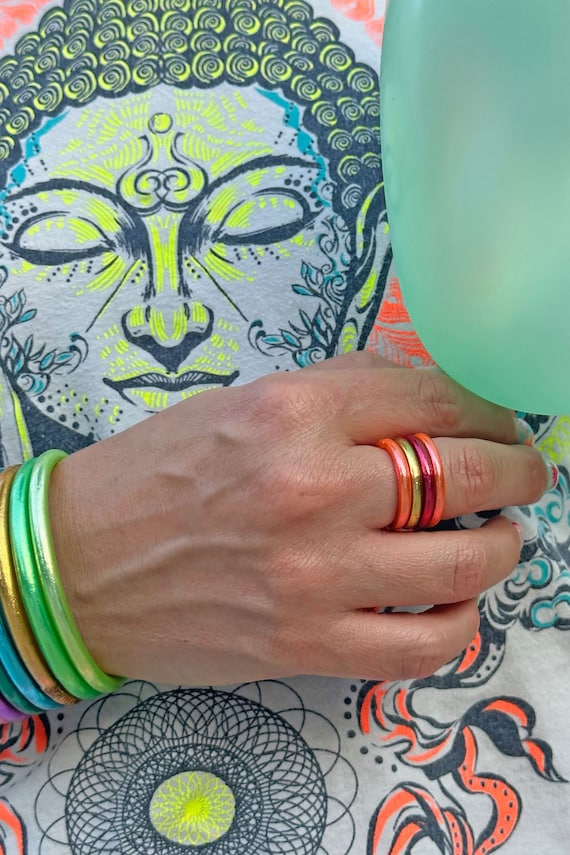 Thai Buddhist Temple Rings, Rush, Colorful Kumlai, 4 Sizes Available, Gold Leaf Mantra Prayer Jewelry, Amulet, 1 Ring, Waterproof Jewelry