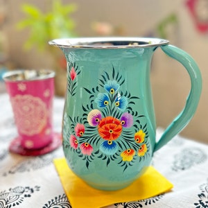Floral Handpainted Stainless Steel Water Pitcher, Vase, from Kashmir, Serving Ware, Hostess Gift, Coquette Style image 1