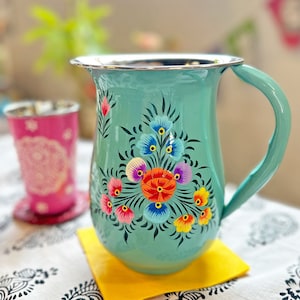 Blue - Kashmir Enamelware Floral Handpainted Stainless Steel Pet Bowl  21