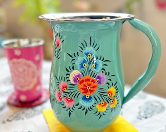 Floral Handpainted Stainless Steel Water Pitcher, Vase, from Kashmir, Serving Ware, Hostess Gift, Coquette Style