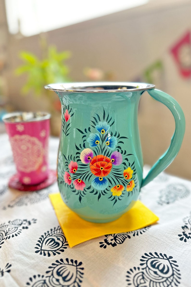 Floral Handpainted Stainless Steel Water Pitcher, Vase, from Kashmir, Serving Ware, Hostess Gift, Coquette Style image 1