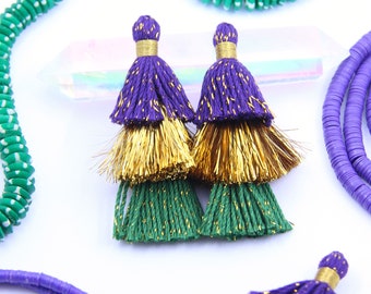 Mardi Gras Tiered Tassels, 3" Handmade Cotton + Tinsel Tassel, DIY Crafts, Jewelry Making, Earring, Necklace Pendants, Layered Fringe, 2 pcs