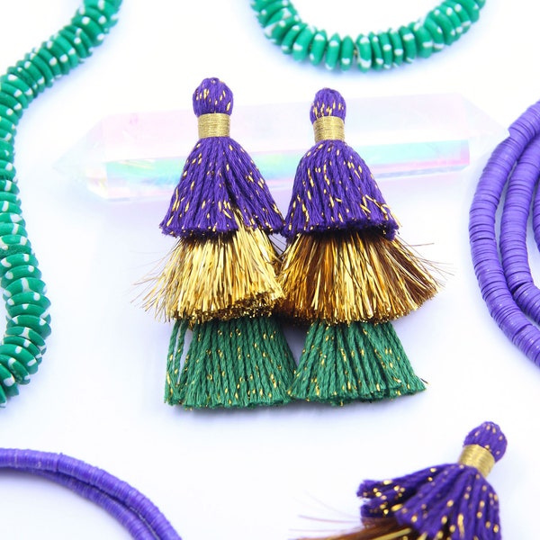 Mardi Gras Tiered Tassels, 3" Handmade Cotton + Tinsel Tassel for Earring/Necklace Making, Jewelry DIY, Layered Fringe Pendants, 2 pieces