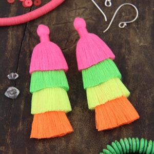 Neon Tiered Tassels, 3 Handmade Cotton Tassel for Earring/Necklace Making, Jewelry DIY, Fluorescent Ombre, Layered Fringe Tassels, 2 pieces image 2