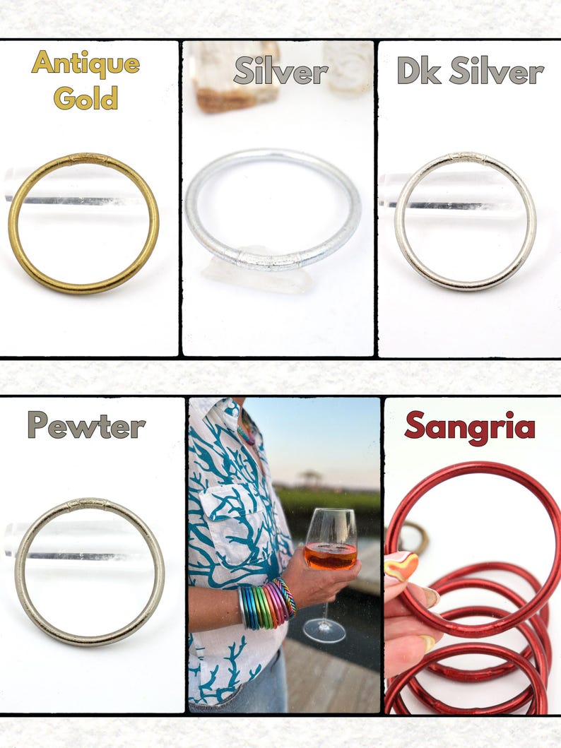 May include: Assortment of bangles in various colors and finishes. The image displays bangles in antique gold, silver, dark silver, pewter, and sangria. The bangles are round and appear to be made of metal or a similar material.