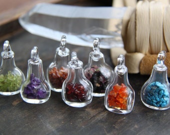 Choose Your Magic, Tiny Glass Bottle Pendant, Charm with Gemstone Chips, Peridot, Garnet, Carnelian, Turquoise,Tourmaline, Amethyst