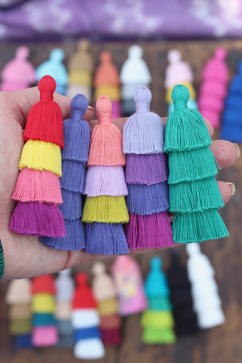 Tiered Tassels, 4 Layered Pendant for Earrings, Stacked Tassel Pendant, Tassels for Jewelry, Handmade Cotton Layered Tassels, 3 1 piece image 1