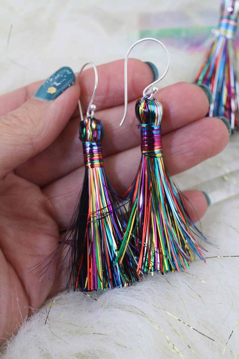 Rainbow Tinsel Tassels, 2.5 Metallic, Jewelry Making Supply, Metallic Tinsel Fringe, DIY Jewelry Making, Tassel Earrings, 2 pcs image 6