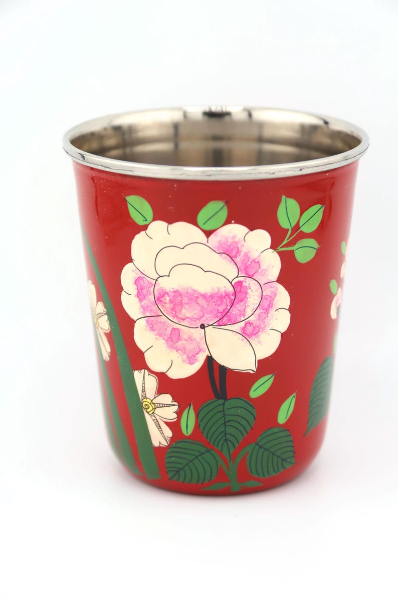 Vaso pequeño de acero inoxidable colorido, pintado a mano, de Cachemira. Regalo de inauguración de la casa, artículos para beber. Rose