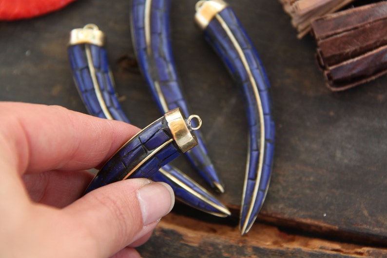 Brass Pendant 1 Tribal Pendant 3.5 x 12 Boho Jewelry Making Supplies Gift Handcrafted Charm Blue Chilli Pepper Tusk Nepali Lapis