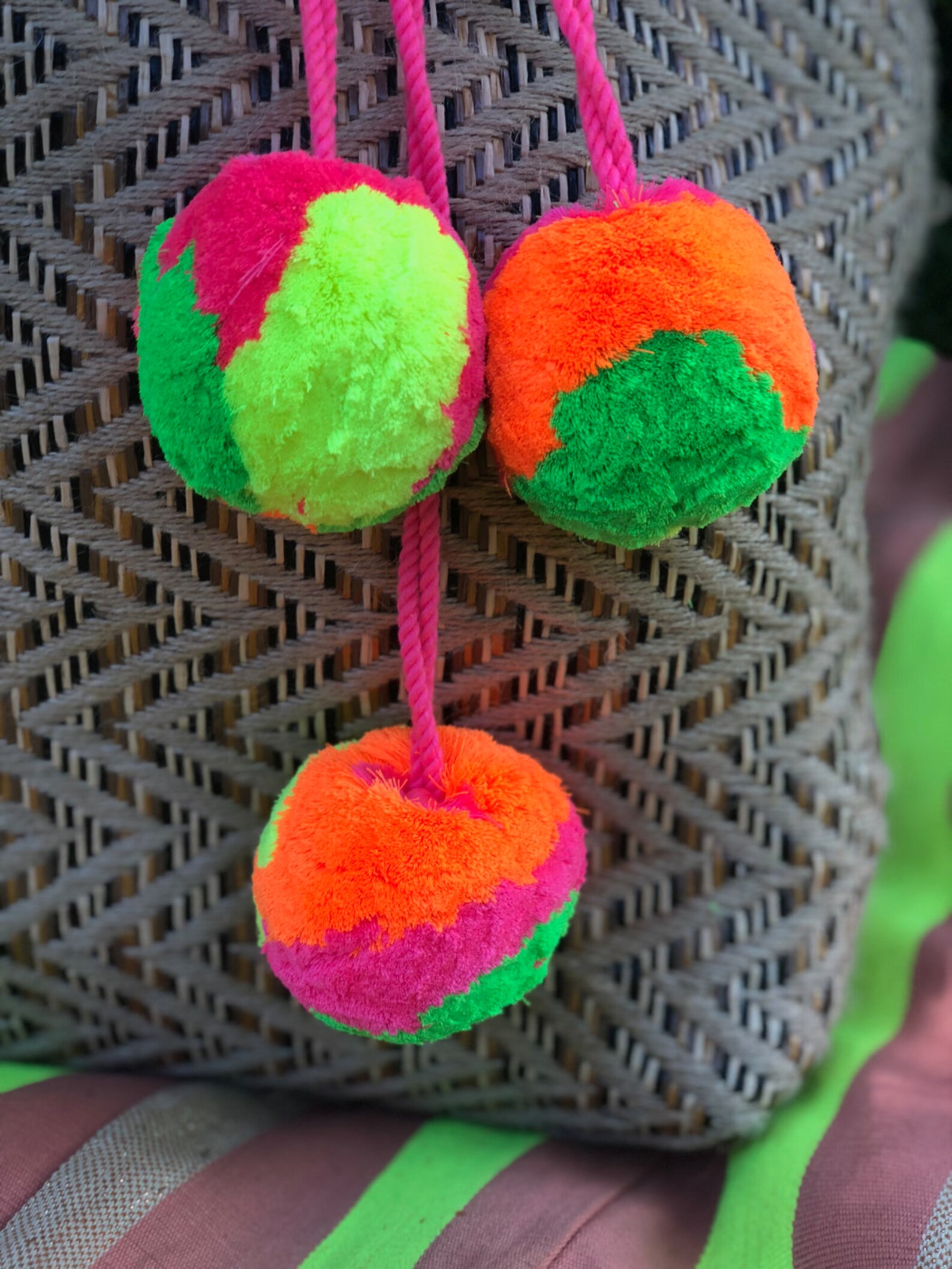 Neon Pom Pom Bag Charm Large Tie Back Bag Accessories Pom Etsy