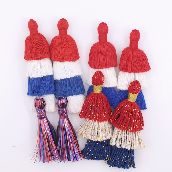 Fourth of July Tassels, Red, White, and Blue Handmade Cotton + Tinsel Tassel, DIY Earring/Necklace Making, Summer Jewelry DIY, 2 pcs