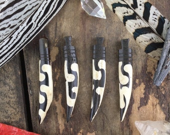 Dotted Swirl: African Batik Bone Dagger Pendant, Focal Tribal Pendant, Black and White Jewelry Making Supplies, Boho, 10x72mm, 1 Pendant