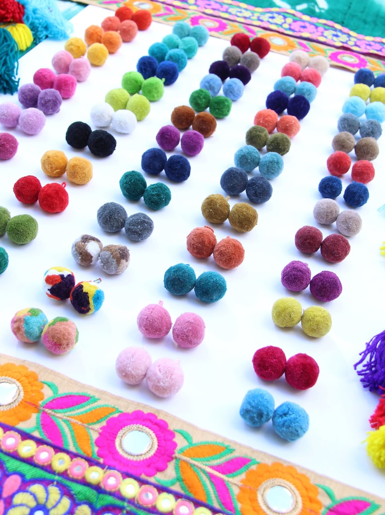 Luxe Pom Poms with Loops, 1 Charm, DIY Jewelry Making, Handmade Cotton Pendant, Sewing Supplies, Boho Craft Embellishment, 3 Pairs image 6