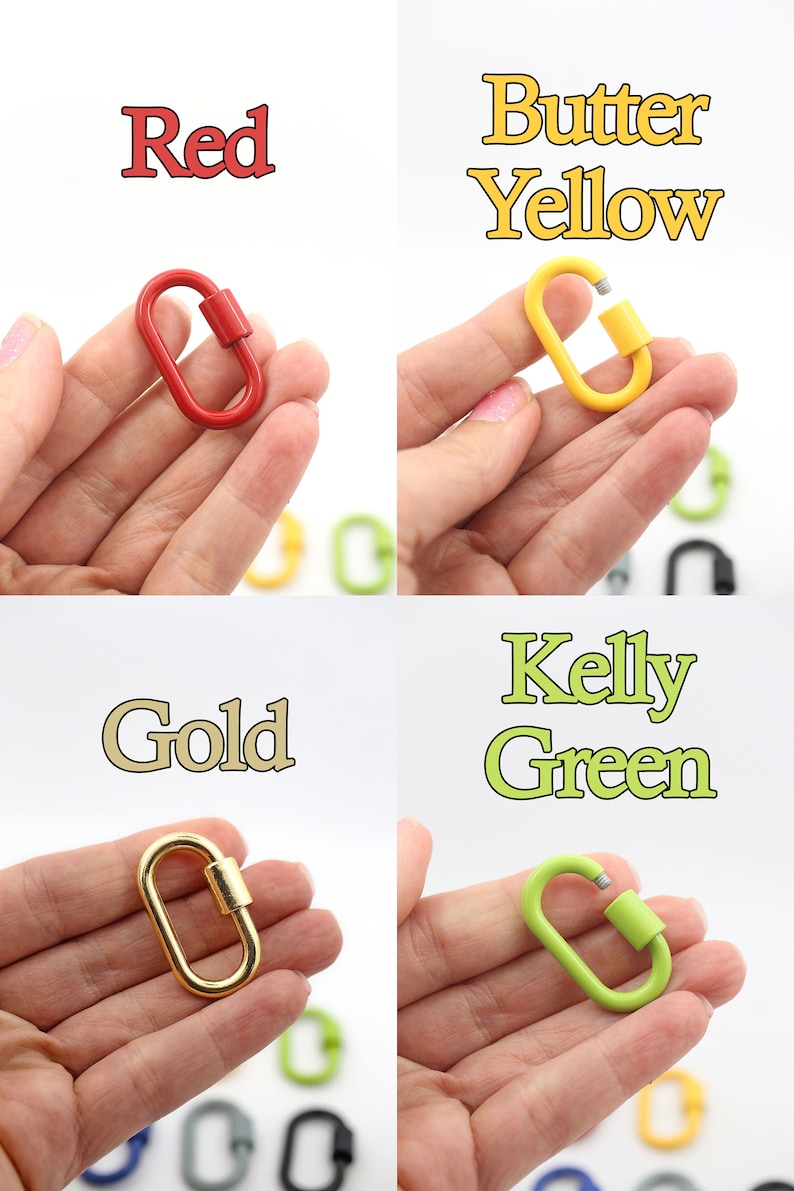 Puede incluir: Cuatro cierres de langosta de metal de diferentes colores: rojo, amarillo, dorado y verde. Cada cierre se sostiene en una mano.