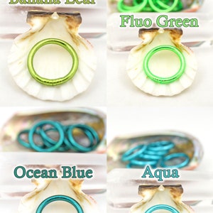 May include: Four different colored metal jump rings in a seashell. The colors are Banana Leaf, Fluo Green, Ocean Blue, and Aqua.