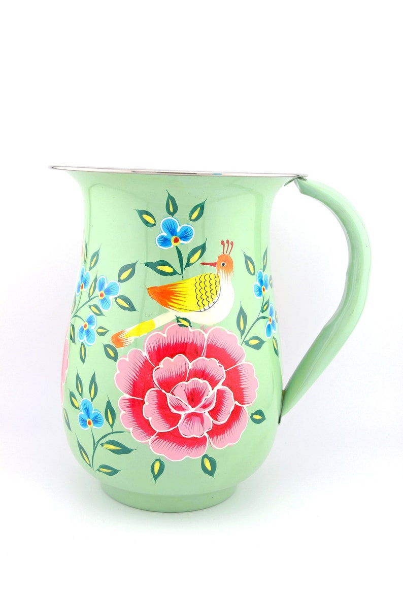 Floral Handpainted Stainless Steel Water Pitcher, Vase, from Kashmir, Serving Ware, Hostess Gift, Coquette Style image 3