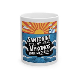 Caneca de viagem Santorini e Mykonos - Presente perfeito para viajantes, amantes da praia, xícara de café de cerâmica para casa, escritório, aventuras, lembranças
