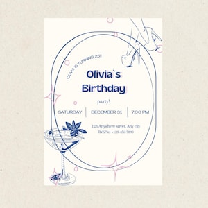 Trendy Hand-Drawn Birthday Invitation | Editable Canva Template with Doodles | Blue Cocktail & Heels design | Instant Download