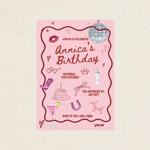 Trendy Hand-Drawn Birthday Invitation | Editable Canva Template with Doodles | Pink Cocktail & Disco ball | Instant Download | Fun Invite