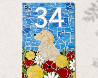Gepersonaliseerd mozaïek huisnummer met dier naar keuze, hond, kat, paard ,…. 20x30 cm