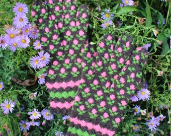 Finely Knitted Seto Estonian Gloves in Siberian Style on Natural Brown with Berries Pink Green