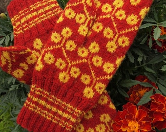 Finely Hand Knitted Estonian Mittens in Yellow and Red - warm and windproof