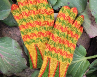 Finely Knitted Lady's Estonian Seto Gloves in Irboska Style Powerful with Yellow Green and Red Swirly Roman Pattern