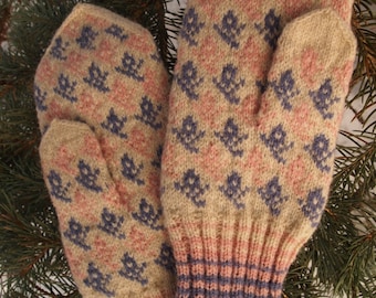 Finely Hand Knitted Estonian Mittens in Pink blue and White - warm and windproof