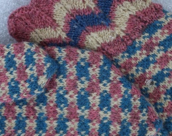 Finely Hand Knitted Estonian Lady's Mittens in White Pink and Blue - warm and windproof