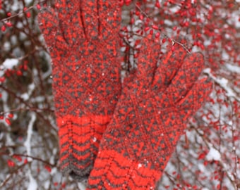 Finely Knitted Estonian Gloves in Halliste Mulgi Style with Red and Natural Brown Sheep Color Cross Pattern