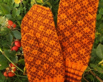 Finely Hand Knitted Estonian Mittens in Brown and Orange FREE SHIPPING
