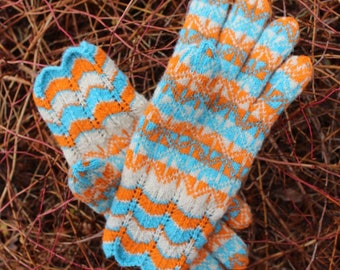 Finely Knitted Estonian Gloves in Butterfly Pattern with Orange and Blue and Natural White