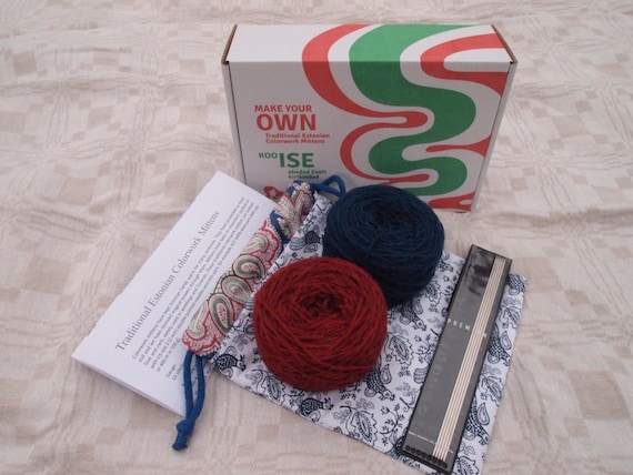 MAKE Your OWN Traditional Estonian Mittens KIT - pattern, needles, 2 balls of yarn, knitting bag