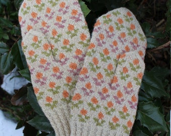 Finely Hand Knitted Seto (Estonia) Lady's Mittens with Siberian Flowers in Pastel Tones Pink Green and Orange on Natural White