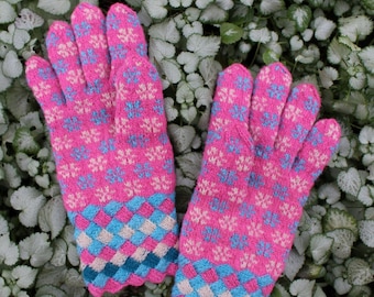 Hand Knitted Estonian Gloves in Räpina Style with Pink Blue and Natural White with Entrelac Wrist Snow Flakes