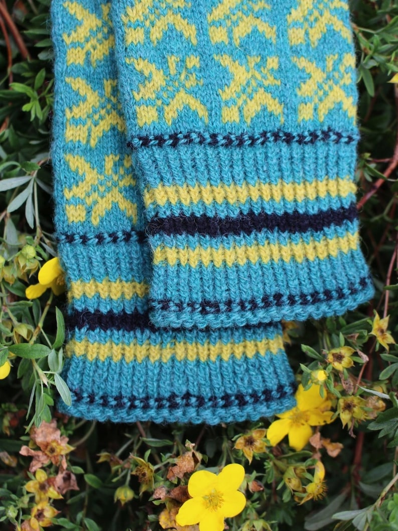 Mittens in Turquoise and Yellow Estonian warm and windproof Finely Hand Knitted Seto