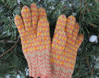 Finely Knitted Estonian Lady's Gloves in Lüganuse Style in Beige, Yellow and Coral Red Orange