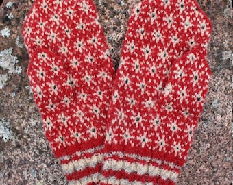 Finely Hand Knitted Estonian Mittens in Red Natural White and Beige - warm and windproof