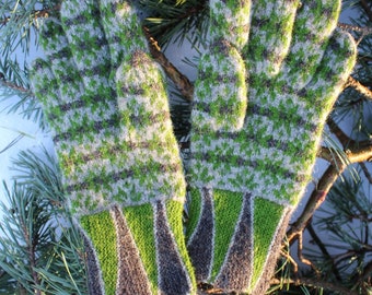 Finely Knitted Estonian Lady's Gloves in Tori Style in Green, Natural Grey and Brown Yarn from Kihnu Island